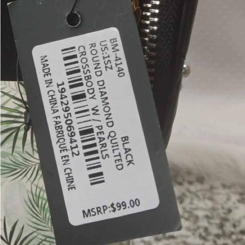 NWT Badgley Mischka Round Quilted Pearl Studded Small Black Crossbody Bag